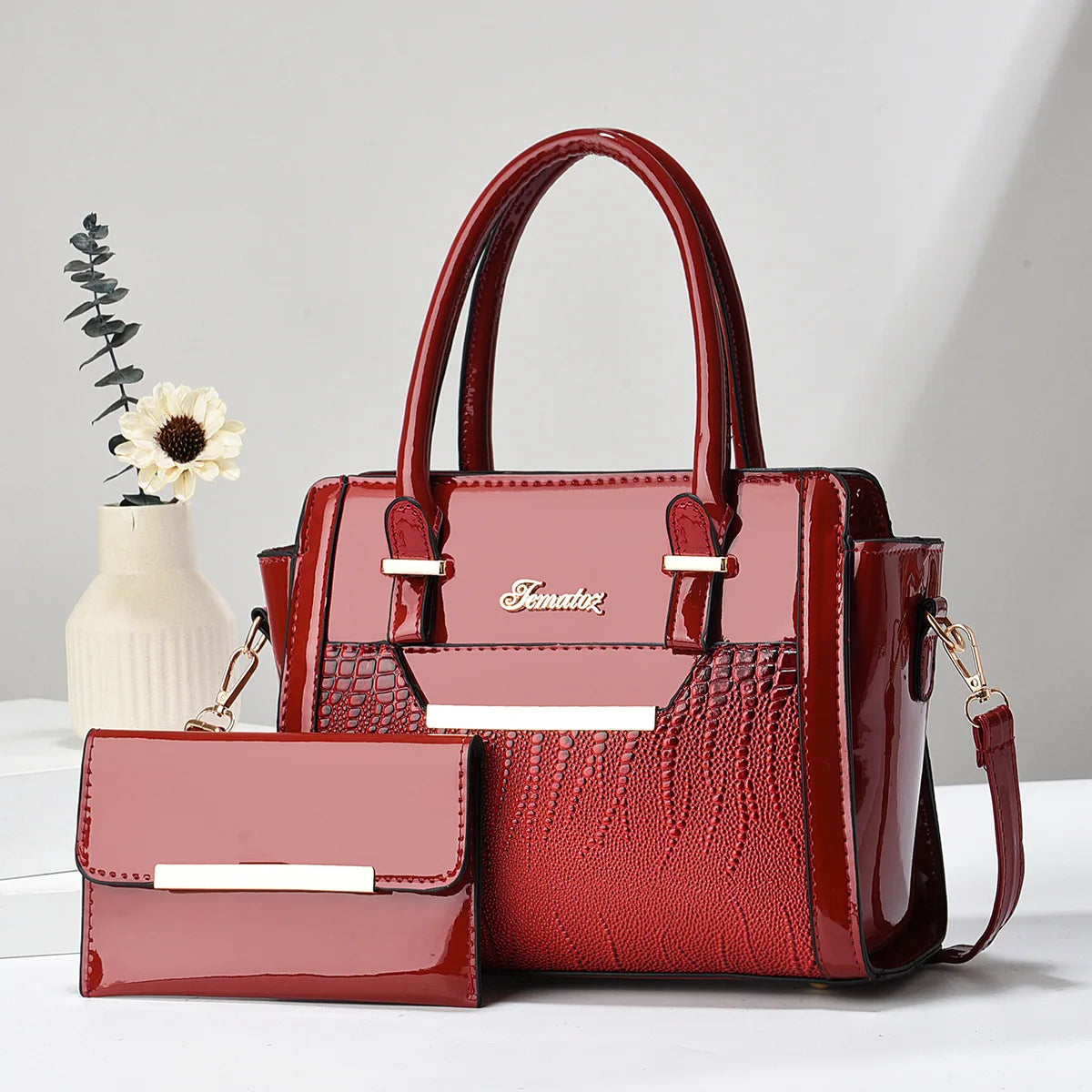Casual shoulder women's bag simple large-capacity mother and child bag bright leather fashion portable two-piece bag
