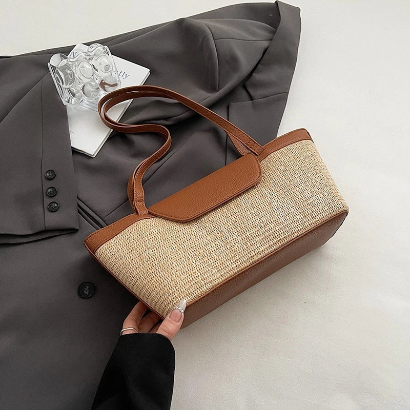 Fashion Women Shoulder Bag PU Woven Patchwork Stick Bag Large Capacity Tote Bag New Casual Woven Contrasting Color Handbag