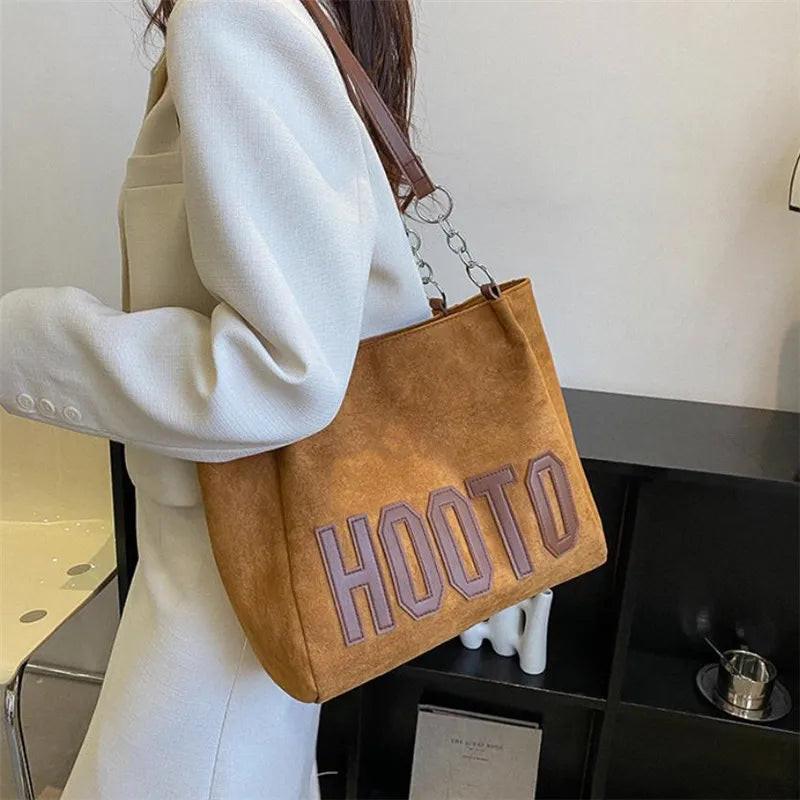 Stylish Tote Bag, Nubuck Pu Letter HOOTO Design for Women Handbag Shoulder Bag, Large Capacity Nylon leisure Travel Shopping Bag