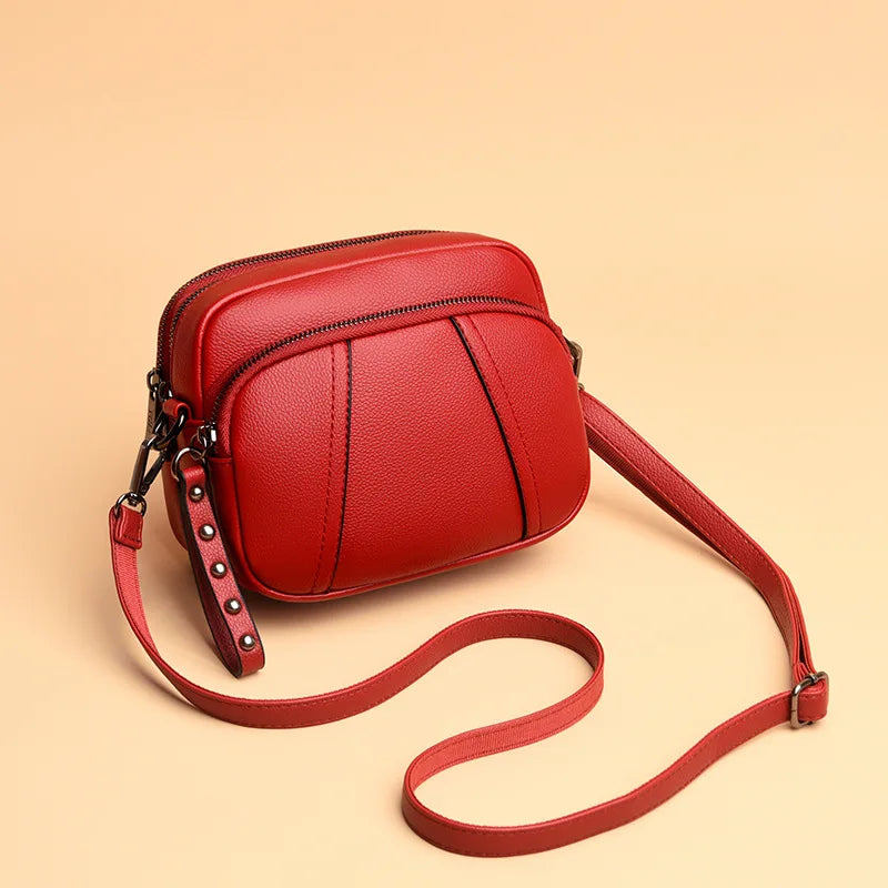 Solid Color Fashionable Rivet Zipper Women's Mobile Phone Bag Simple Soft PU Leather Shoulder Crossbody Small Square Handbag