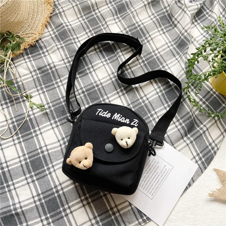Cartoon Mini Canvas Bag Cute Small Crossbody Bags for Woman Phone Tissue Coin Purse Pocket, Student Shoulder Bag with Pin Bear