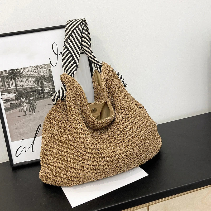 Big Capacity Straw Beach Bag Vintage Handmade Woven Shoulder Bag Raffia Rattan Handbag Bohemian Summer Vacation Crossbody Bags