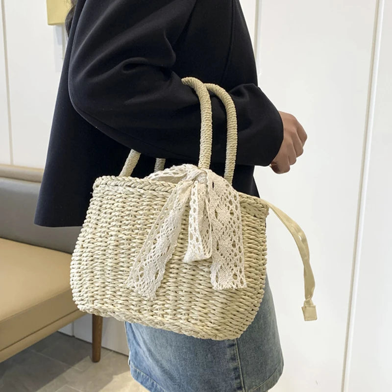 Women Straw Woven Drawstring Handbag Girls Solid Color Holiday Purse Crossbody Beach Bags Summer Rattan Tote