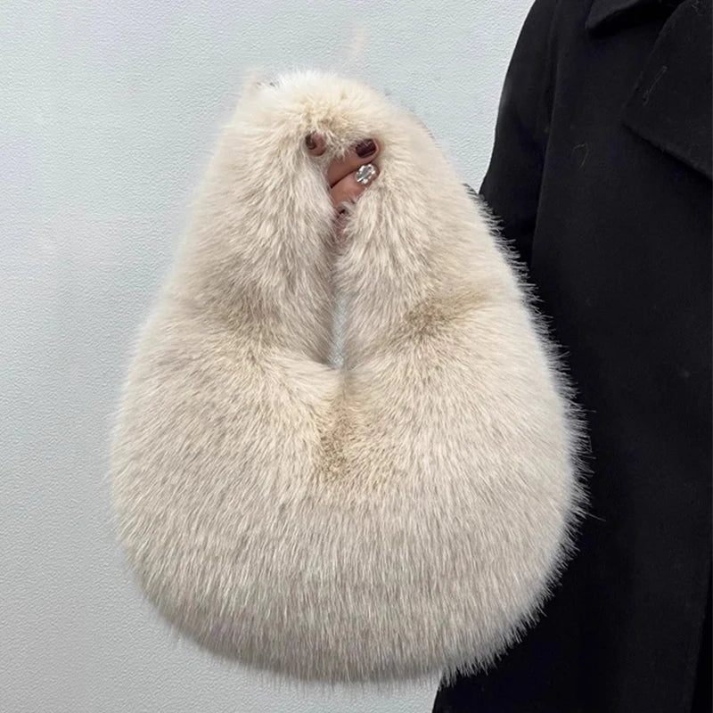 Fashion Soft Plush Half Moon Bags for Women Designer Fluffy Faux Fur Lady Handbags Luxury Small Tote Female Winter Purses