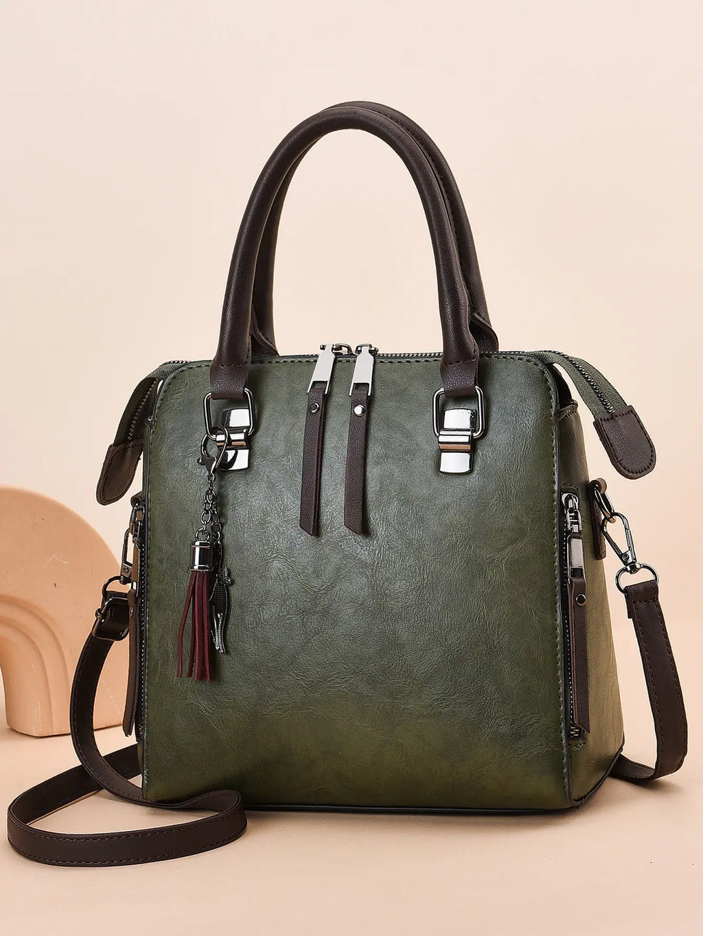 Retro women's handbag PU leather tassel top handle bag fashionable light luxury large capacity shoulder bag shopping bag