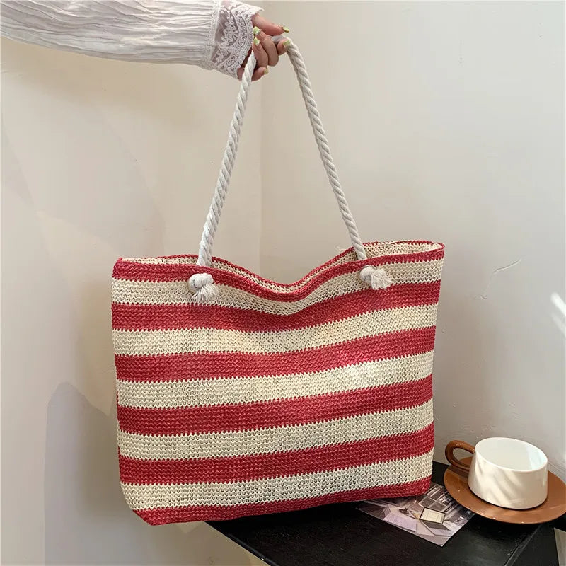 Women Straw Shoulder Bag Color Contrast Beach Handbag Large Capacity Simple Shoulder Bag Ladies Summer Daily Bag