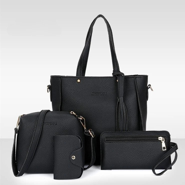 4pcs/set Tassel Bucket Women's Handbag Stylish Crossbody Bag Clutch and Wallet, Solid Color PU Shoulder Bags for Women Daily Use