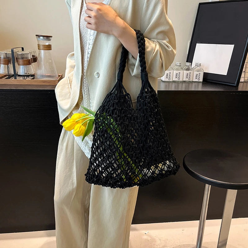 Hand-Woven Bag Women Handmade Hollow Handbag Female Shoulder Bag Big Capacity Summer Casual Travel Beach Tote Purse
