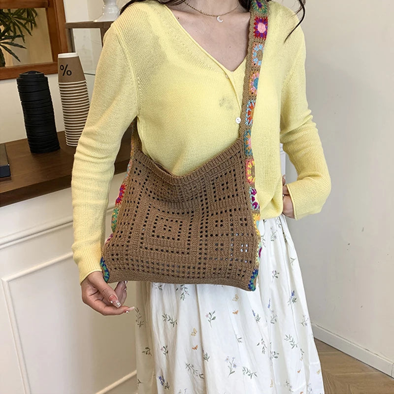 Large Capacity Fashion Boho Tote Bag Trendy Floral Crochet Handmade Knitted Bag Vintage Multicolor Hollow Out Handbag