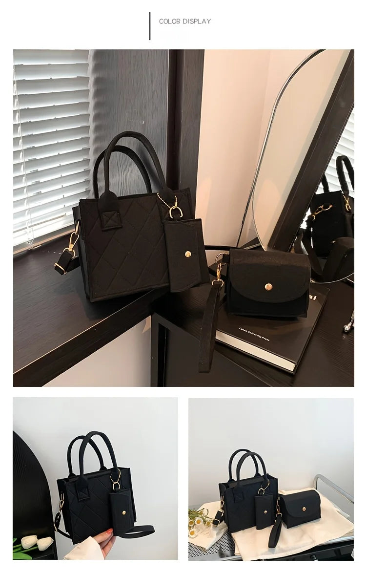3pcs/set Embossed Women's Handbag Stylish Crossbody Bag Clutch and Wallet, Solid Color Square Shoulder Bag, Fabric for Daily Use