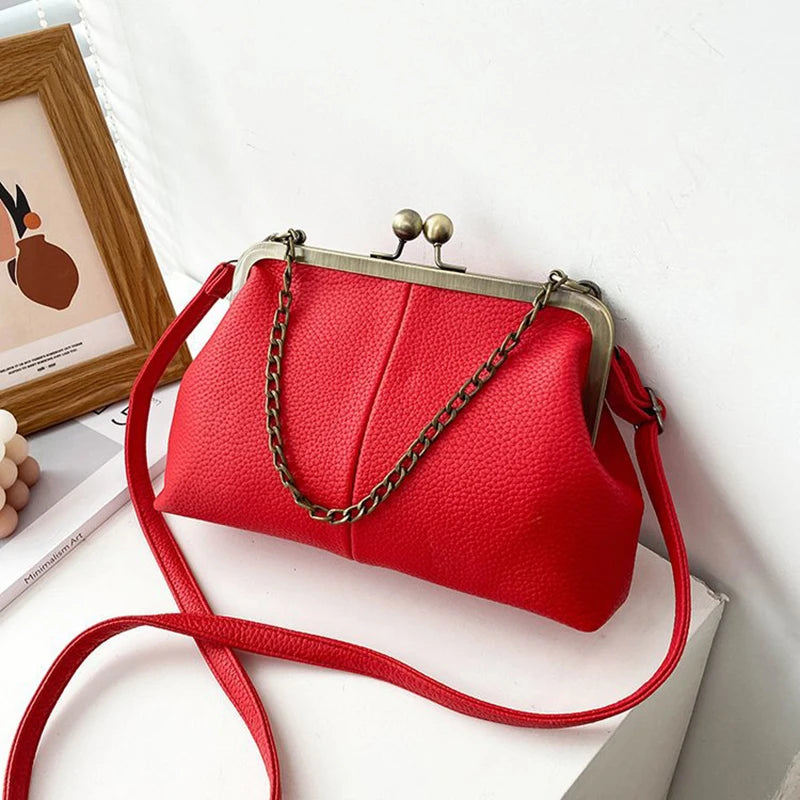 Vintage Soft Skin Shell Bag New Lychee Pattern Handbag Simple And Versatile Shoulder Bag Clip Chain Crossbody Women's Bag