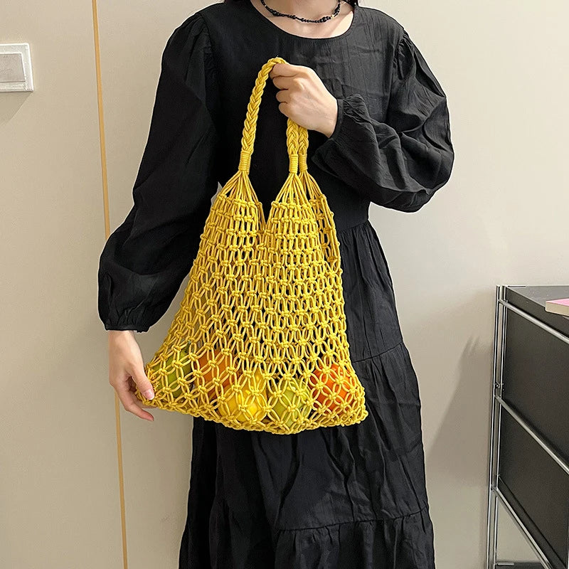 Women Bag Bucket Cotton Beach Bag Bag Casual Hollow Out Solid Soft High-Capacity Shoulder Bag Travel Handbag