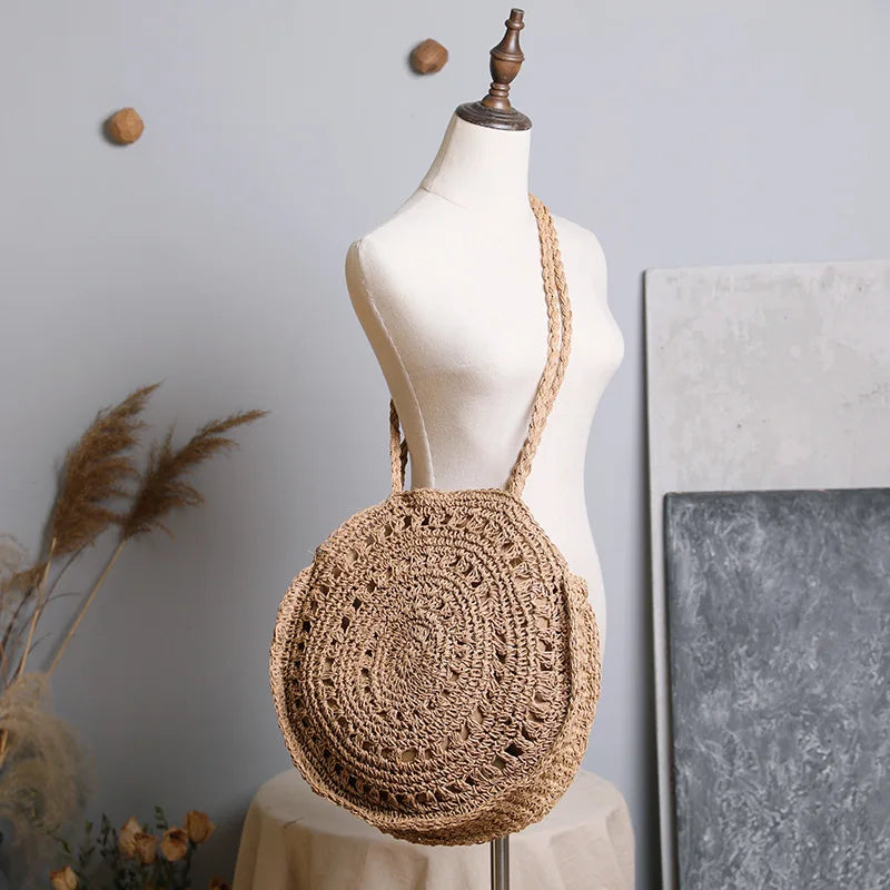 Summer Round Straw Bag Women Woven Rattan Beach Bag Hot New Shoulder Bag Circle Hollow Out Handle Bag Casual Shopper Tote Pouch