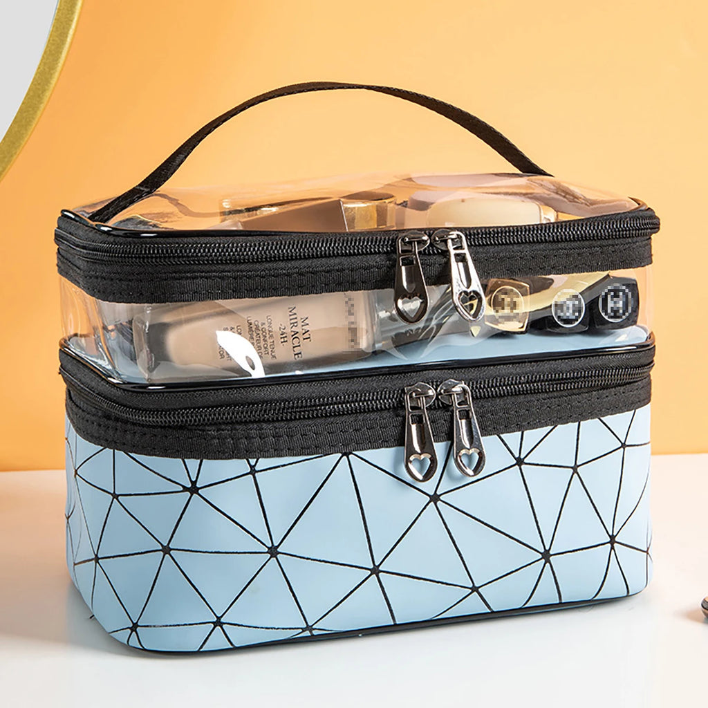 Doublelayer Makeup Bag,Waterproof PVC Travel Pouch Portable Washbag