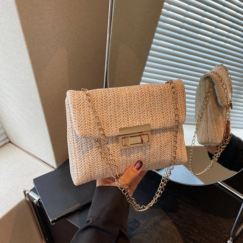Buckle Closure Chain Crossbody Shoulder Bag Sweet Raffia Woven Women Sling Bag Solid Color Lightweight Beach Travel Purse