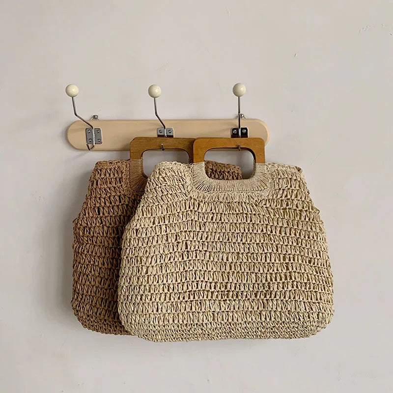 Summer Woven Straw Handbag Female Wooden Handle Bag Large Capacity Travel Beach Bag Fashion Style Totes Hollow out Tote Bolsa
