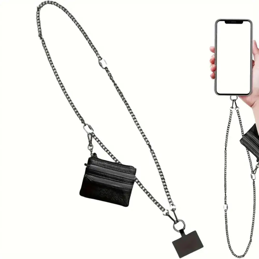 Metal Crossbody Phone Strap With Zippered Pocket Anti-Drop Phone Case Wallet Card Slot Shoulder Phone Lanyards Fashion Bag Chain