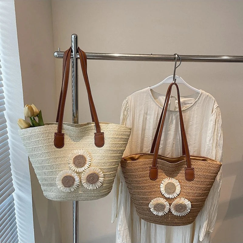 Woven Women Handbag Large Capactity Basket Summer Beach Bag Shopper Tote Ladies Travel Shoulder Underarm Bags