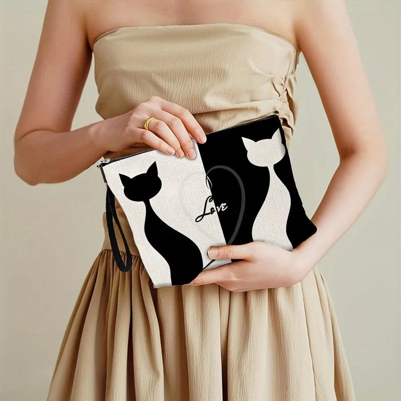 Cat Heart Design Cosmetic Bag, Polyester Storage Wash Makeup Pouch Zippered Travel and Daily Use Organizer Ideal Gift for Women