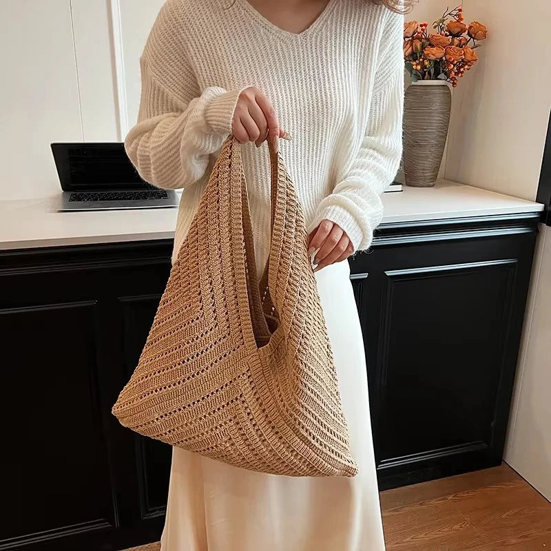 Brand Women Tote Knitting Handbag Triangle Design Woven Beach Bag Lightweight Elegant Portable Shoulder Bag Purse
