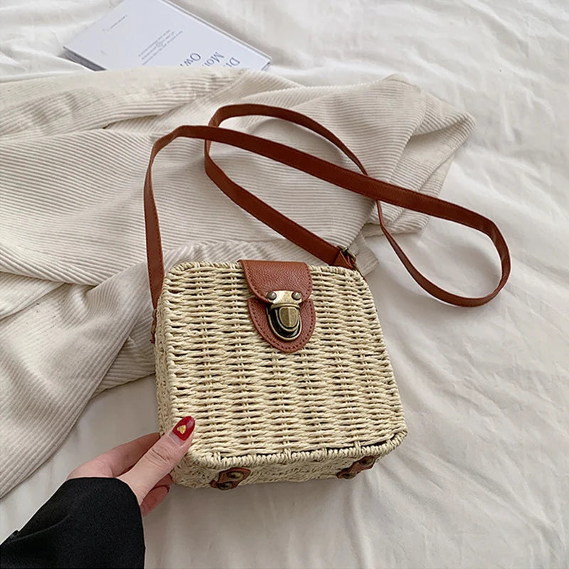 Straw Crossbody Bag For Women Bohemian Small Knitting Summer Purse And Handbag Vacational Square Beach Bags