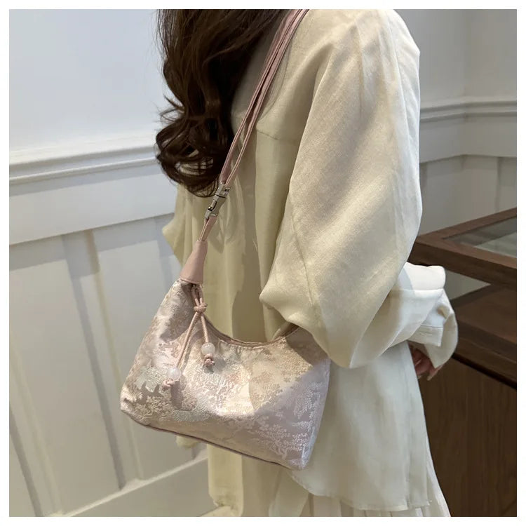 Fashionable Chinese Handbags Fashion Trend Single Shoulder Bag Light Simple Crossbody Bag Random Printed Satin Women's Tote Bag
