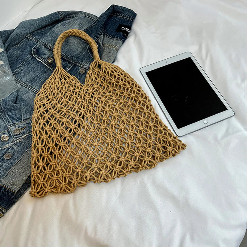 Hand-Woven Bag Women Handmade Hollow Handbag Female Shoulder Bag Big Capacity Summer Casual Travel Beach Tote Purse