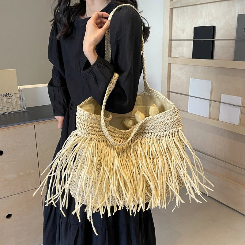 Casual Tassel Woven Women Shoulder Bags Handmade Fringe Lady Handbags Summer Beach Large Tote Bag Shopper Purse for Vacation
