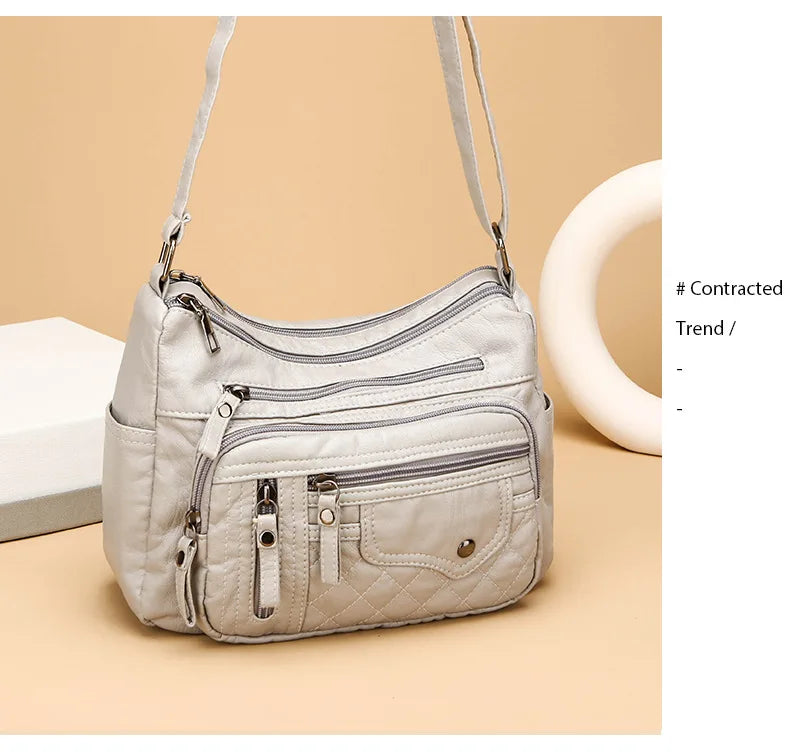 Fashionable Four Seasons Soft Leather Multi Pocket Cross Bags, Multi Layer Zipper Pouch Single Shoulder Bag for Women Daily Use