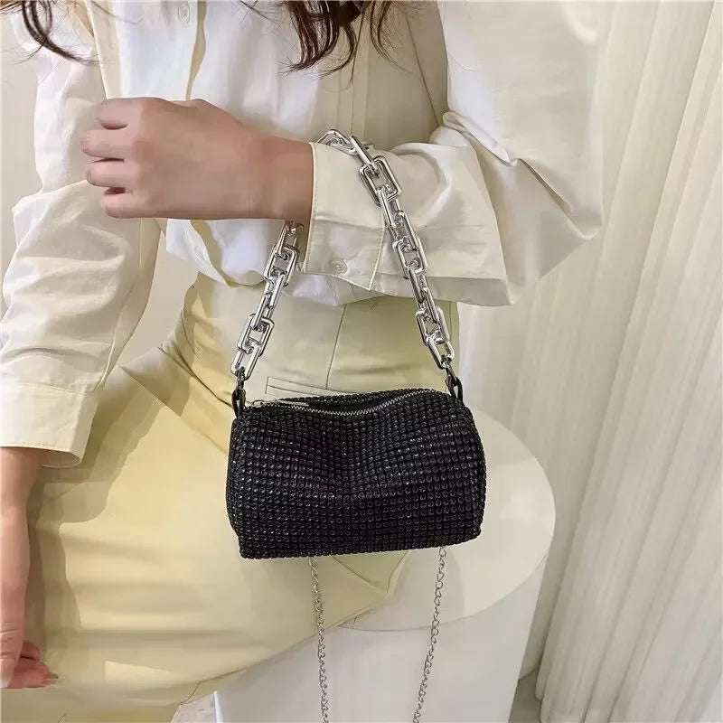 Full Version Rhinestone Bucket Tote Bag, Stylish Sparkling Chain Ball Pillow Shoulder Bag, Women's Mini Hand-Held Crossbody Bag
