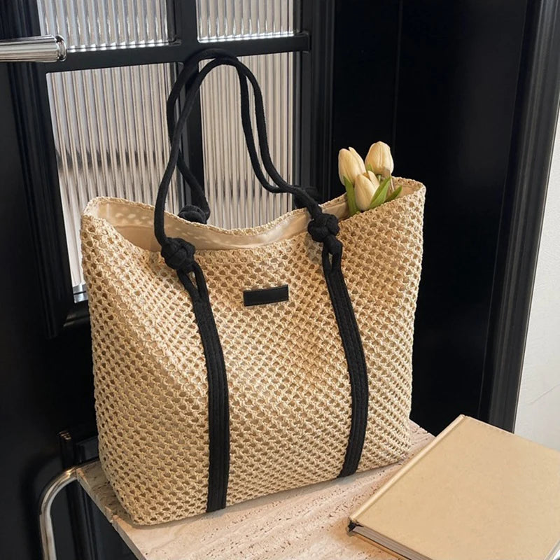 Summer Woven Straw Tote Bag Casual Beach Vacation Women Shoulder Bags Large Capacity Female Handbags Solid Color