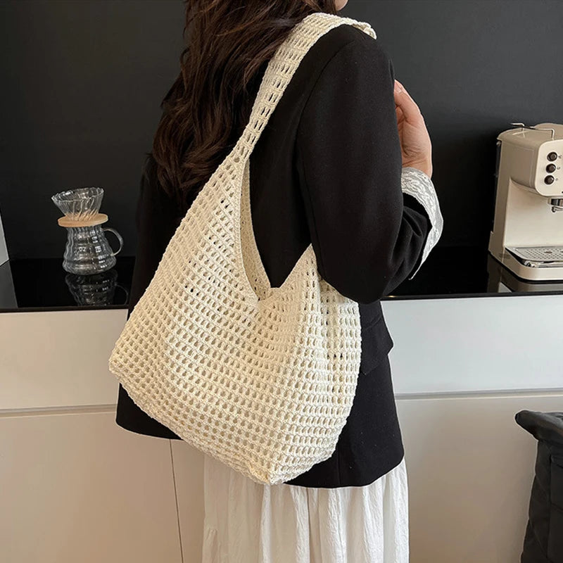 New Sweet Crochet Shoulder Bag Leisure Beach Hollow Out Handbag Women Solid Color Woven Totes Bag For Travel