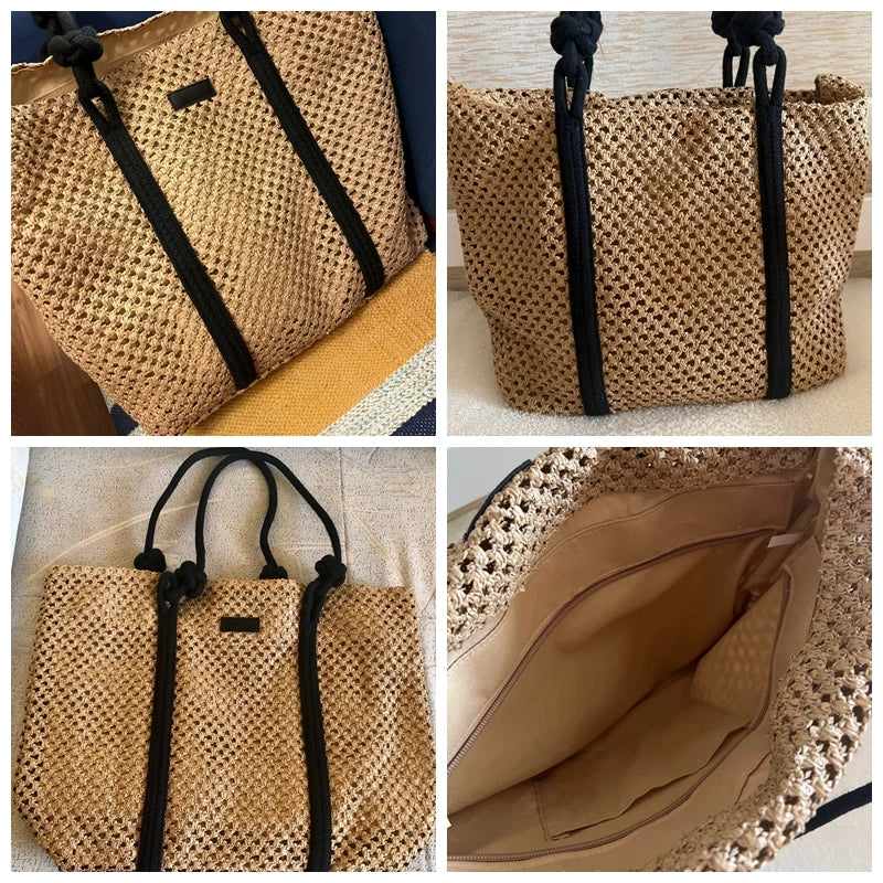 Summer Woven Straw Tote Bag Casual Beach Vacation Women Shoulder Bags Large Capacity Female Handbags Solid Color