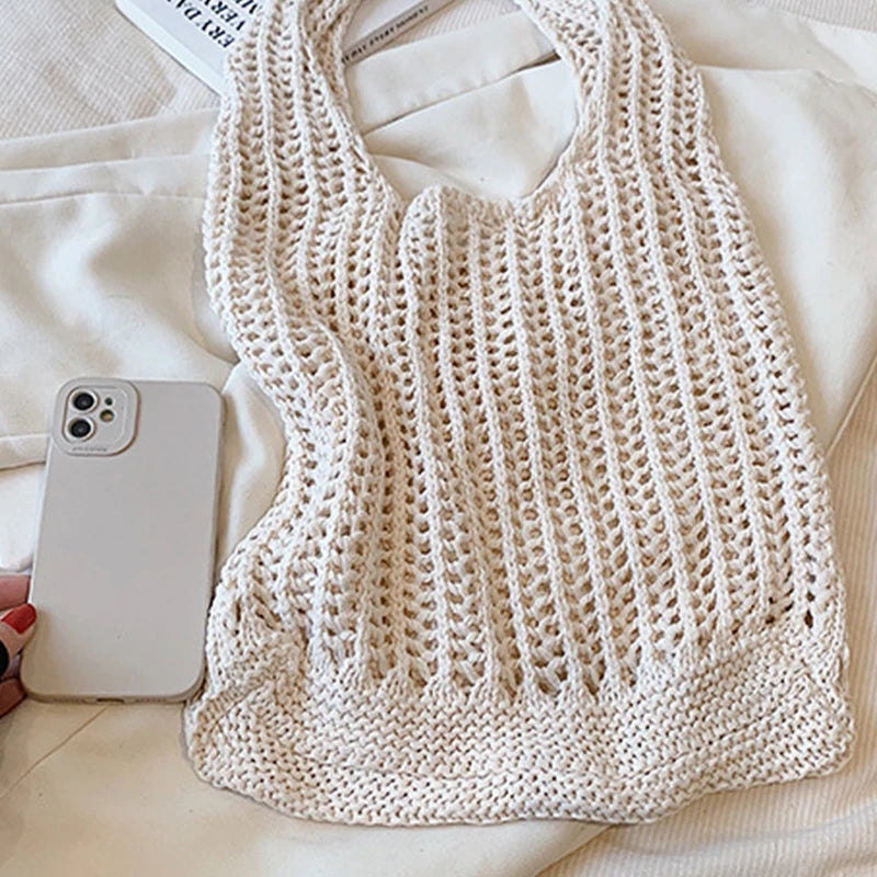 Summer Knitted Hollow Underarm Bag Women's Large Capacity Shopper Tote Bag Simple Design Casual Travel Handbags