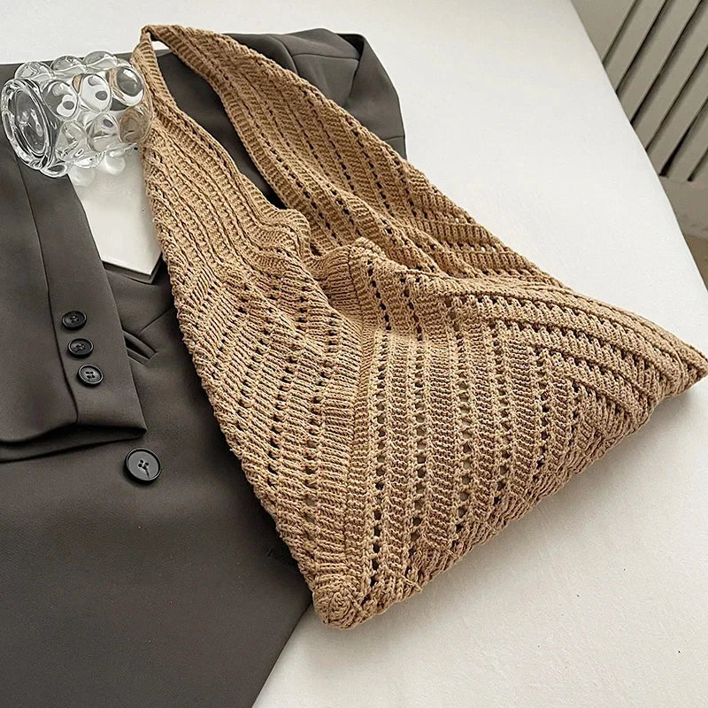 Brand Women Tote Knitting Handbag Triangle Design Woven Beach Bag Lightweight Elegant Portable Shoulder Bag Purse