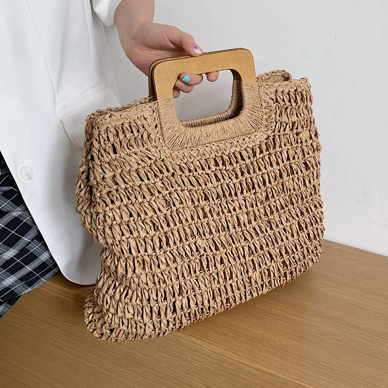 Summer Woven Straw Handbag Female Wooden Handle Bag Large Capacity Travel Beach Bag Fashion Style Totes Hollow out Tote Bolsa