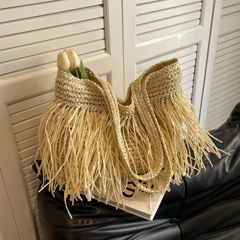 Casual Tassel Woven Women Shoulder Bags Handmade Fringe Lady Handbags Summer Beach Large Tote Bag Shopper Purse for Vacation