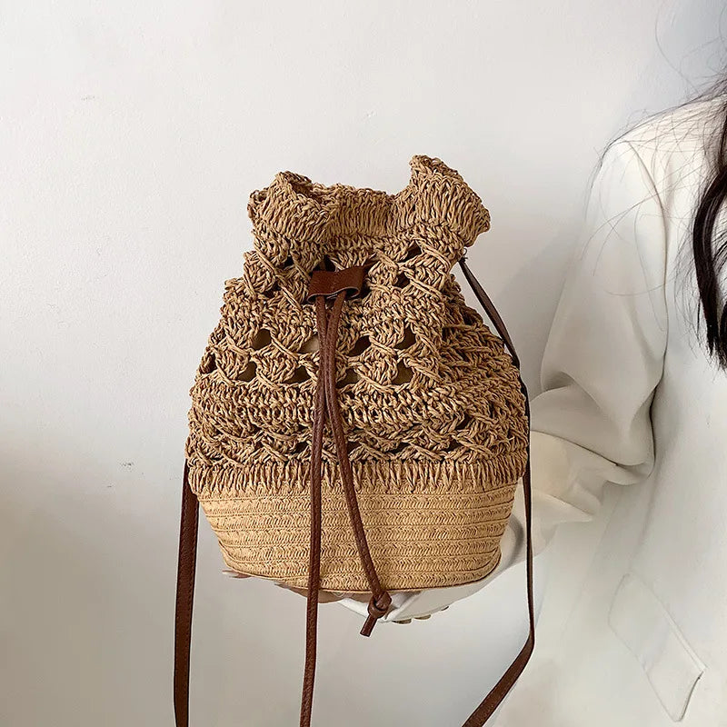 Handmade Women's Summer Straw Beach Shoulder Bag Woven Hollow Drawstring Shoulder Bags Knitted Fashion Female Design Travel Tote