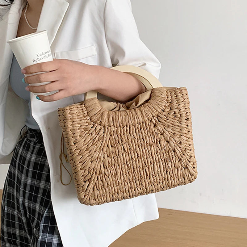 Fashion Lady Straw Woven Basket Handbag Summer Women's Shoulder Bag Bohemia Travel Beach Han made Beach Bucket Shopper Tote