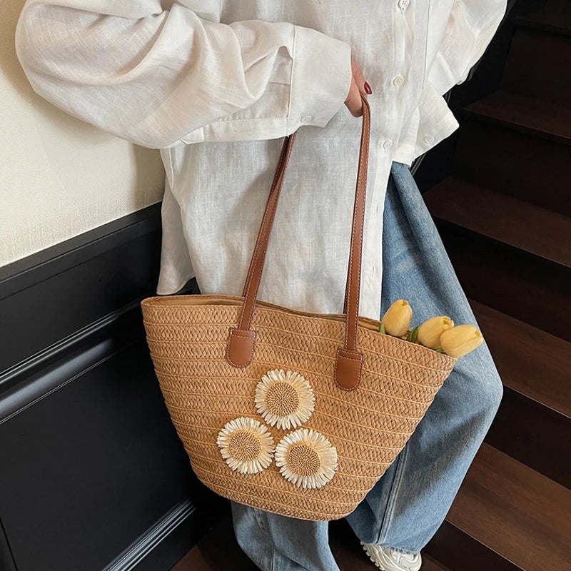 Woven Women Handbag Large Capactity Basket Summer Beach Bag Shopper Tote Ladies Travel Shoulder Underarm Bags