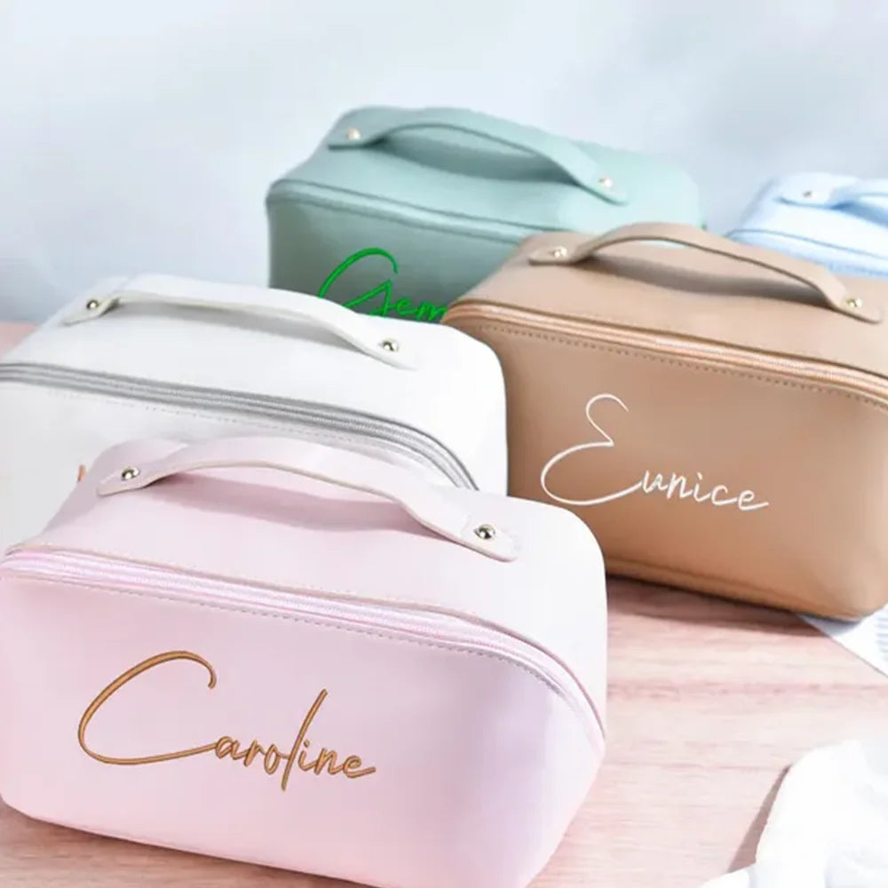 Customized Personalized Leather Square Cosmetic Bag Beauty Skin Care Large Capacity High Quality Portable Handheld Cosmetic Case