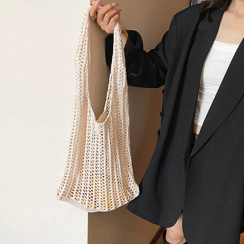 Summer Knitted Hollow Underarm Bag Women's Large Capacity Shopper Tote Bag Simple Design Casual Travel Handbags