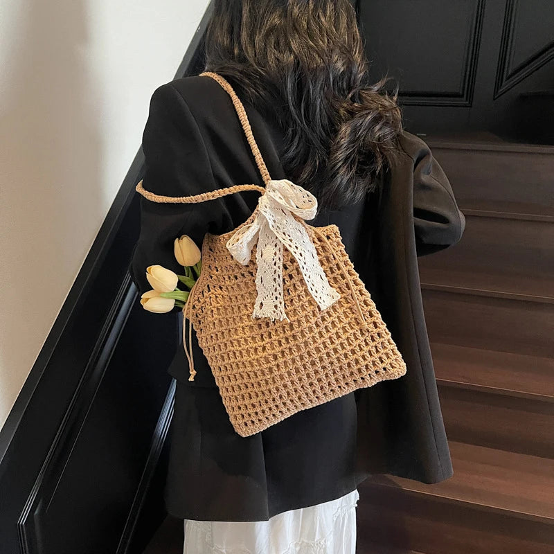 Summer Hollow Woven Shoulder Bags Women's New Casual Beach Bag Versatile Lace Design Commuting Shoulder Tote Bag
