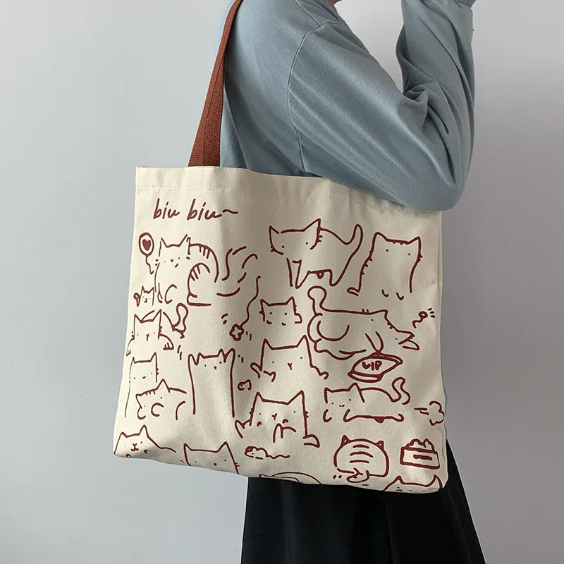 Art Design Cute Animals Printed Handbag Shoulder Bag, Literary Retro Canvas Tote Bags for Women Daily Use Work, Shopping School