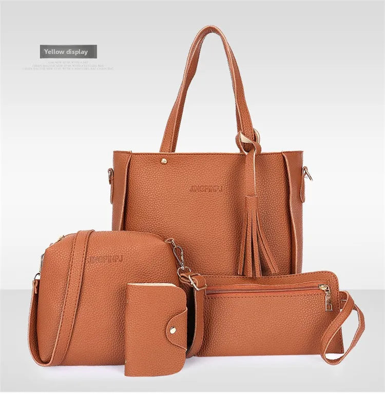 4pcs/set Tassel Bucket Women's Handbag Stylish Crossbody Bag Clutch and Wallet, Solid Color PU Shoulder Bags for Women Daily Use