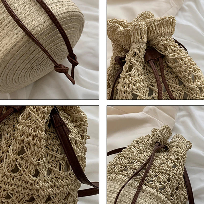 Handmade Women's Summer Straw Beach Shoulder Bag Woven Hollow Drawstring Shoulder Bags Knitted Fashion Female Design Travel Tote