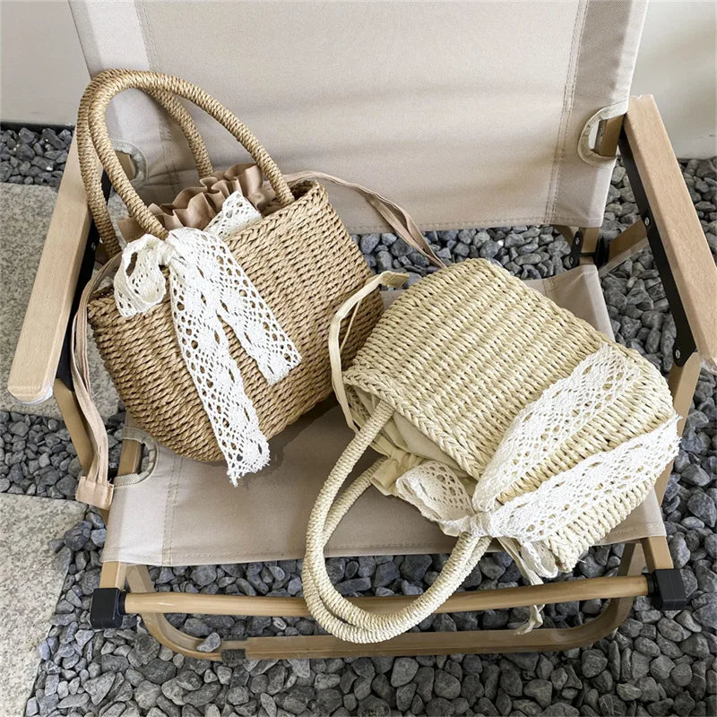 Women Straw Woven Drawstring Handbag Girls Solid Color Holiday Purse Crossbody Beach Bags Summer Rattan Tote