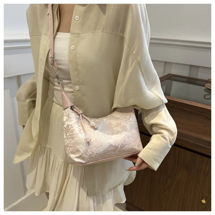 Fashionable Chinese Handbags Fashion Trend Single Shoulder Bag Light Simple Crossbody Bag Random Printed Satin Women's Tote Bag