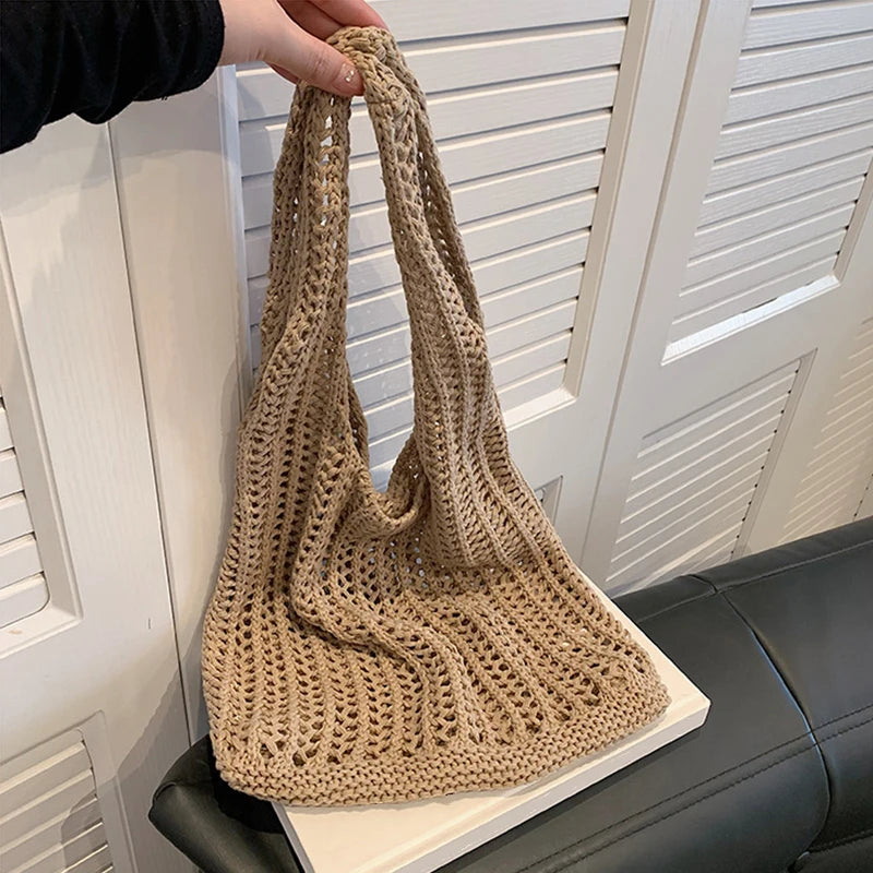Summer Knitted Hollow Underarm Bag Women's Large Capacity Shopper Tote Bag Simple Design Casual Travel Handbags
