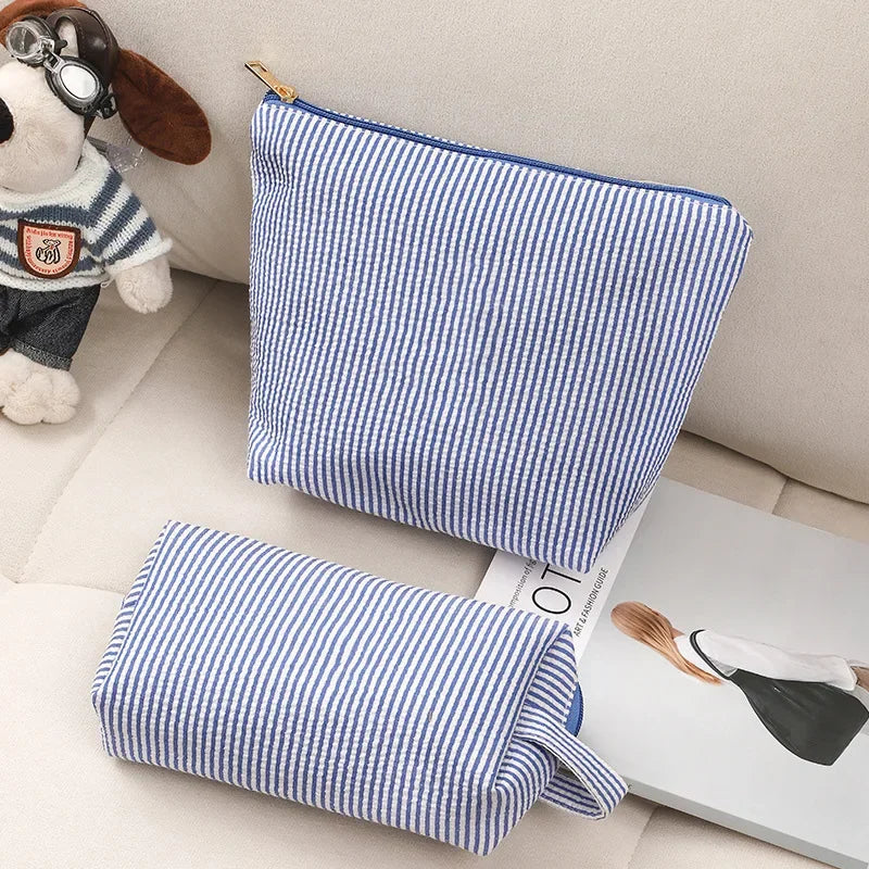 2 Pcs Set Large Capacity Ladies Stripe Toiletry Bag Makeup Case Travel Female Storage Handbag Clutch Purse Women's Cosmetic Bags